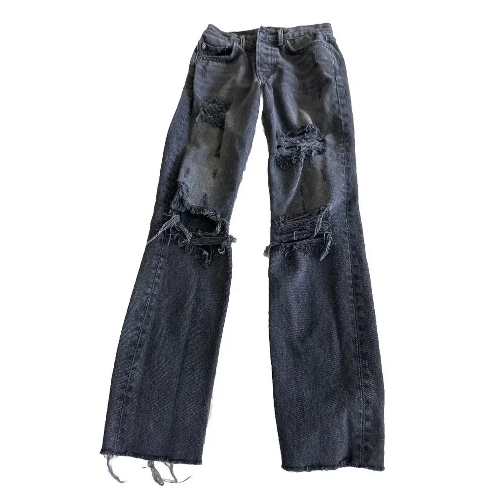 GRLFRND Karolina Jeans Women's 23 Black  Distressed Button Fly Raw‎ Hems